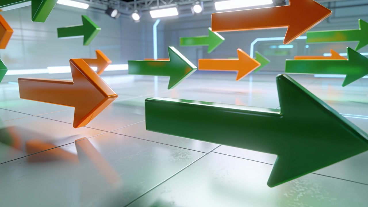 Shifting green orange arrows moving forward in studio with camera approaching, showing reflections