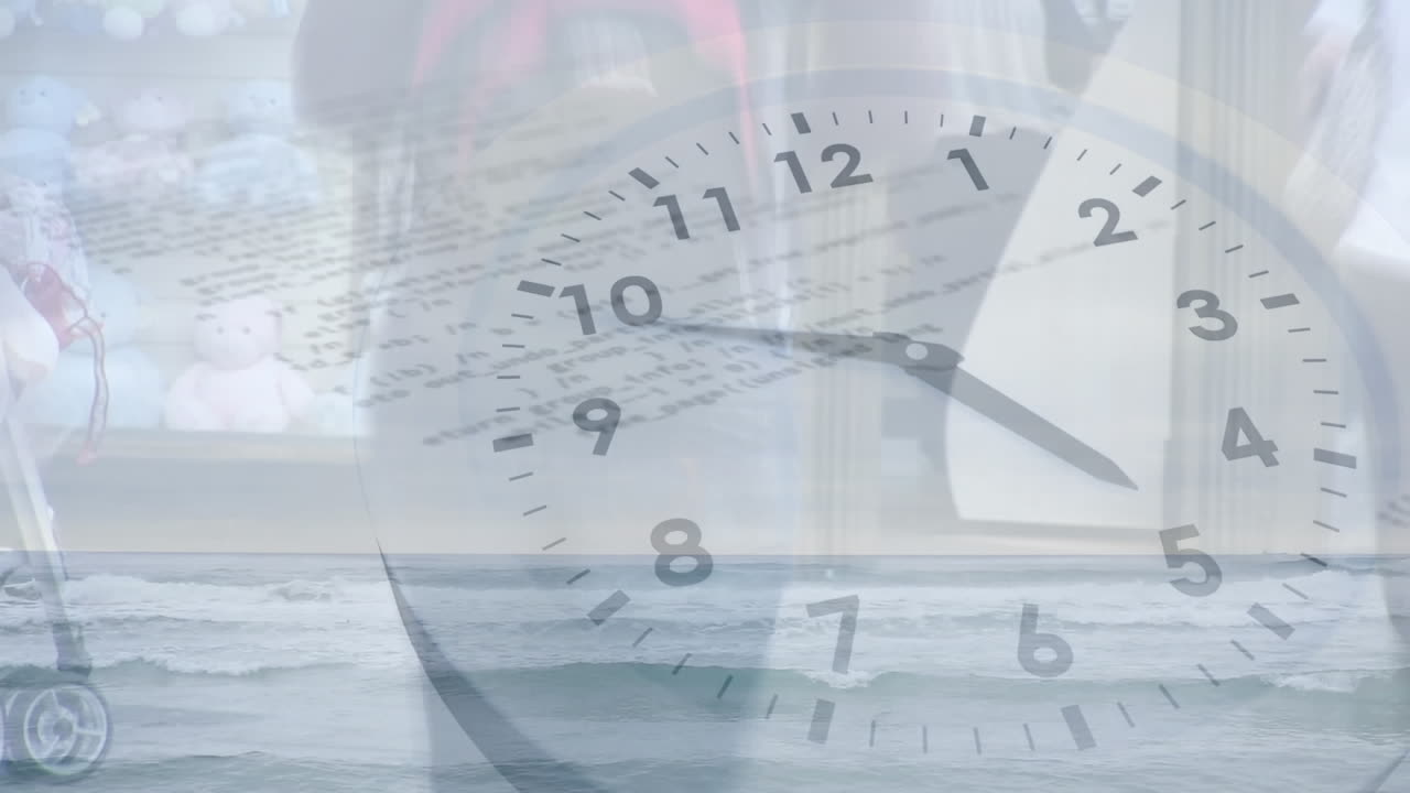 거리에서 고 있는 다양한 사람들 위에 움직이는 시계와 바다 풍경의 애니메이션