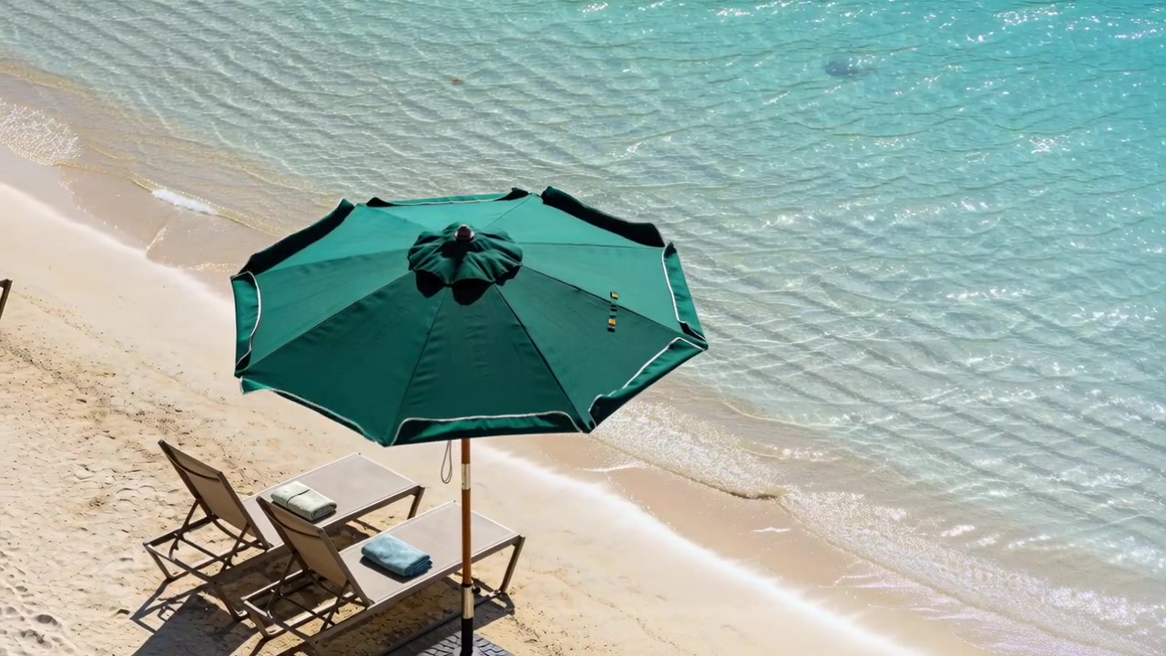 Inquadrando un grande ombrellone verde da spiaggia che ombreggia sedie a sdraio sulla riva con un libro, mentre le onde si infrangono