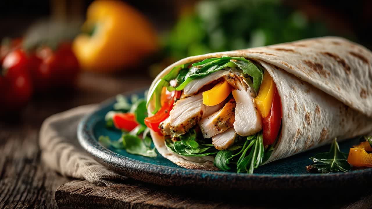 A Vibrant and Flavorful Chicken Wrap Loaded with Fresh Vegetables, Including Crisp Greens, Colorful Peppers, and Juicy Tomatoes, Perfectly Rolled for a Delicious Meal Experience