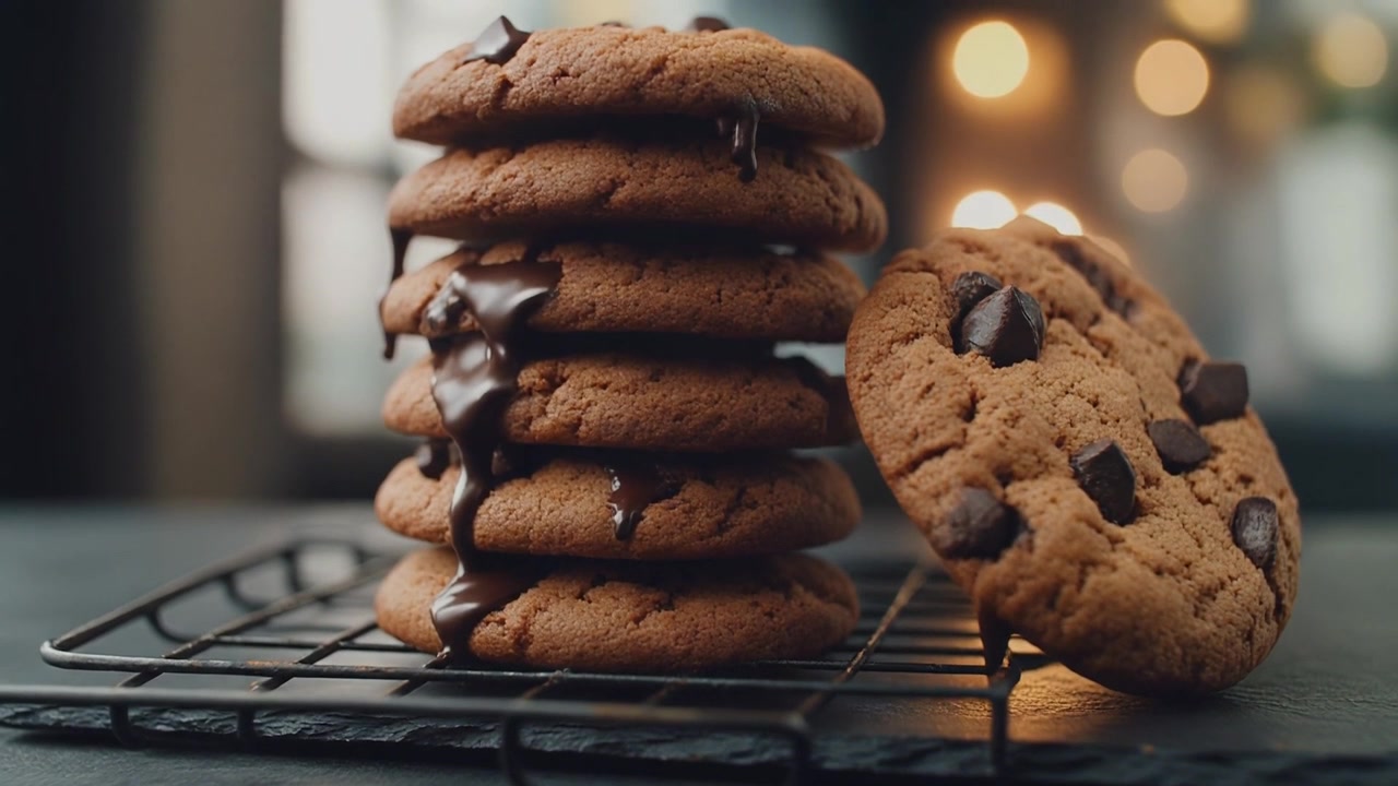 Stabel med ferske chocolate chip cookies med smeltet sjokoladedryss