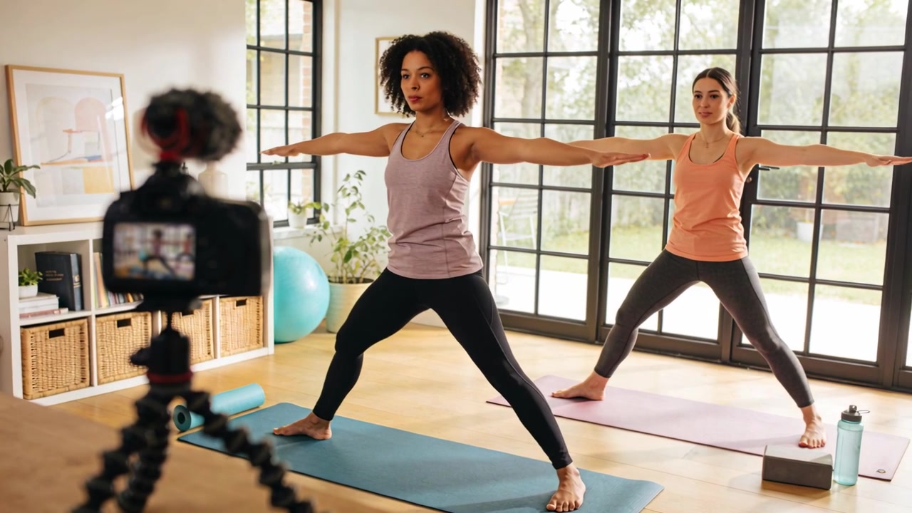Recording instructor leading student in Warrior II at home studio with tripod camera, tanks, mats