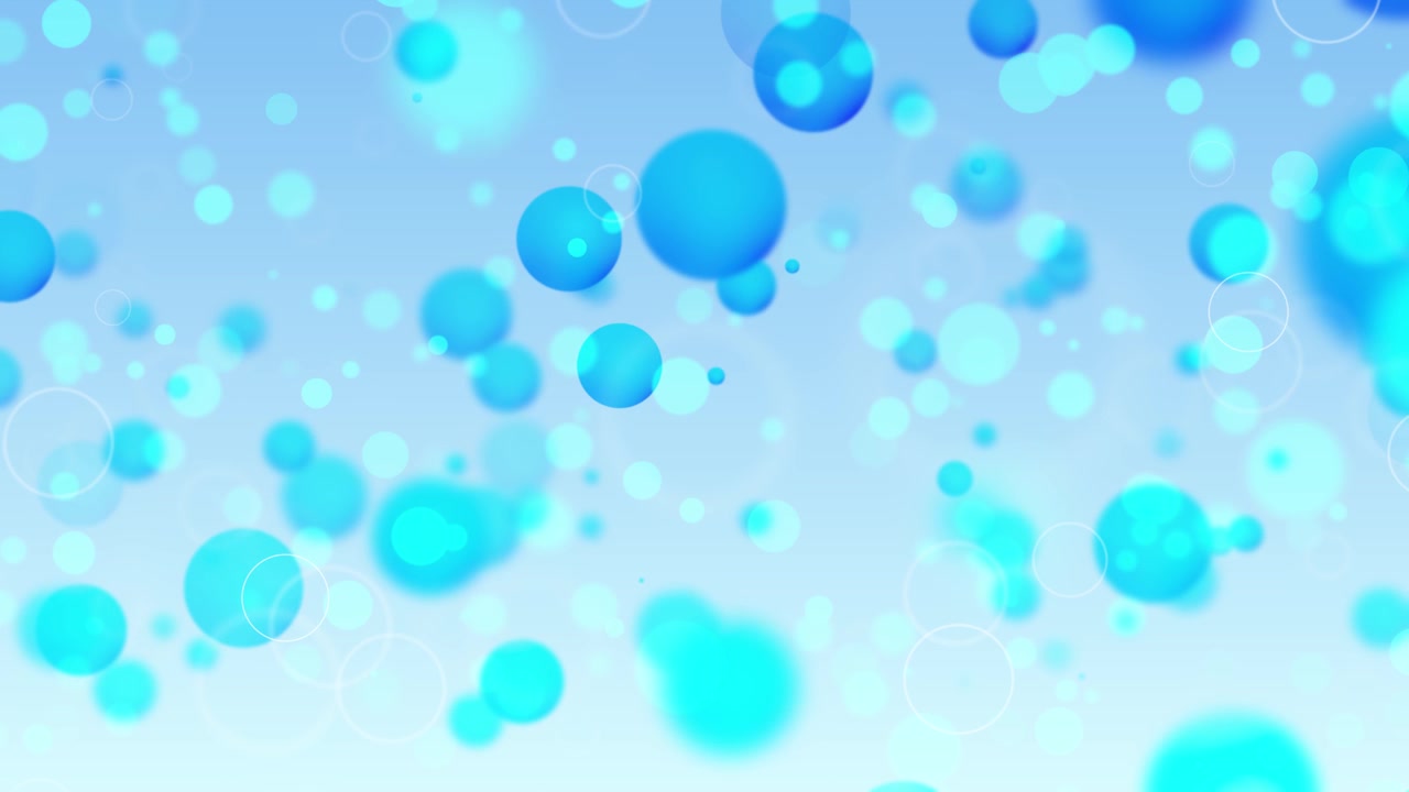 Visual de movimiento de burbujas flotantes aguamarina con círculos azules suaves, desenfoque pastel claro, anillos transparentes y un ambiente de calma y limpieza.