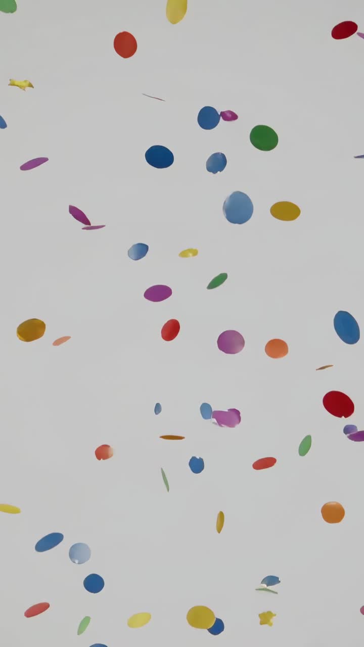 Video verticale: Coriandoli colorati che cadono, scivolando e ruotando verso il basso su uno sfondo grigio chiaro dopo un'esplosione.