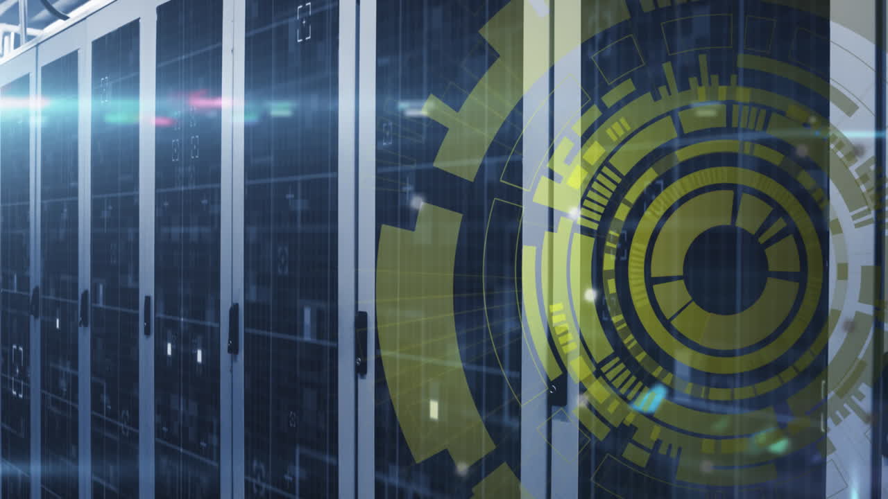 animación de círculos de carga y visores con luces de lente sobre bastidores de servidores en la sala de servidores