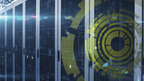 Animation of loading circles and viewfinders with lens flares over server racks in server room