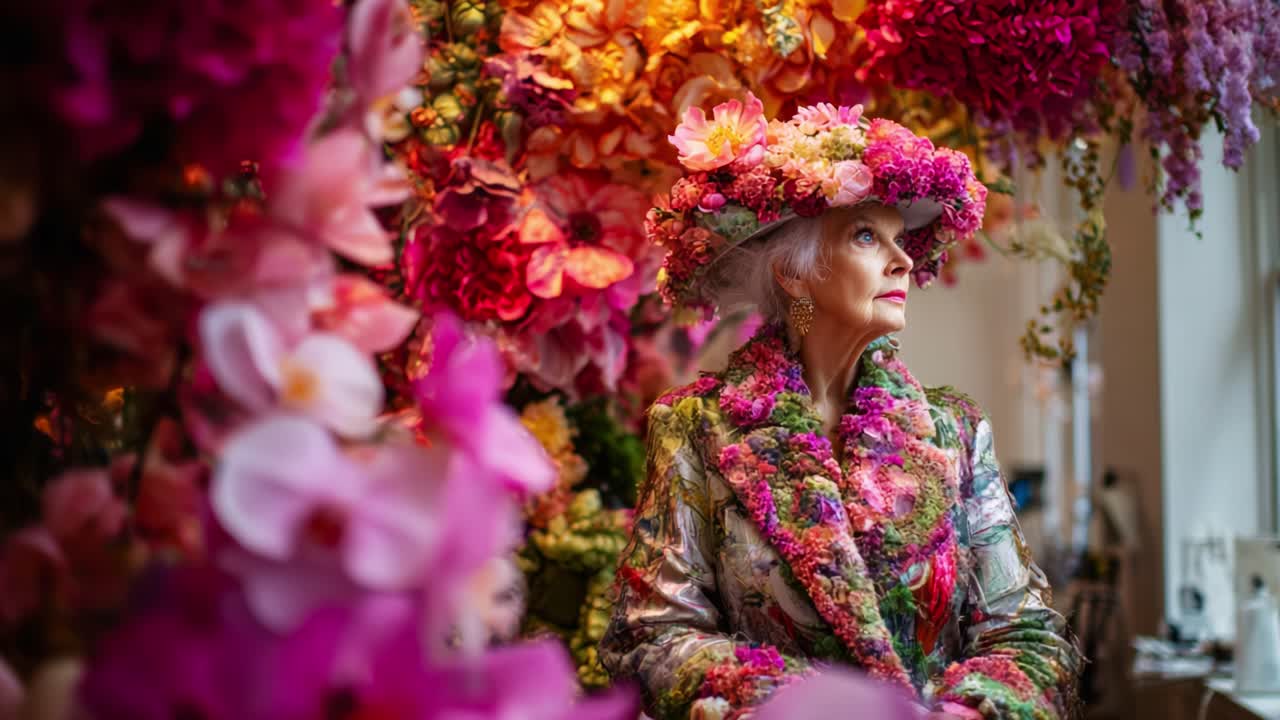 An Elegant Woman Dressed in Floral Attire Surrounded by a Vibrant Cascade of Blossoms, Captivating the Essence of Nature's Beauty and Artistic Expression