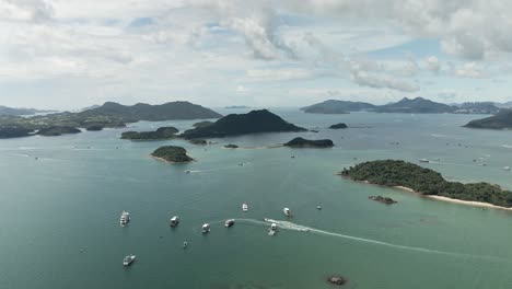 boat traffic in south china sea, unesco global geopark in sai kung, aerial view