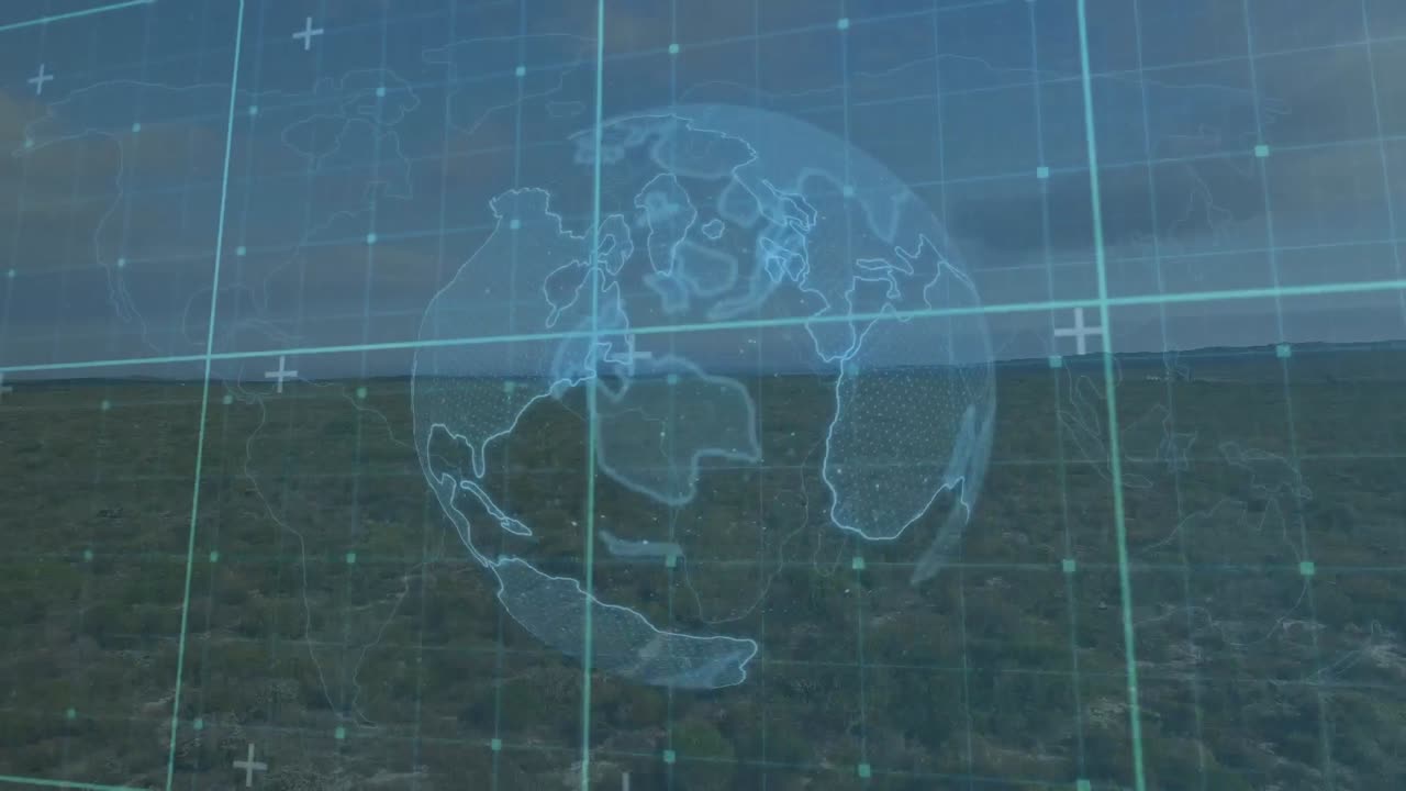 Animation of globe and network of connections over landscape