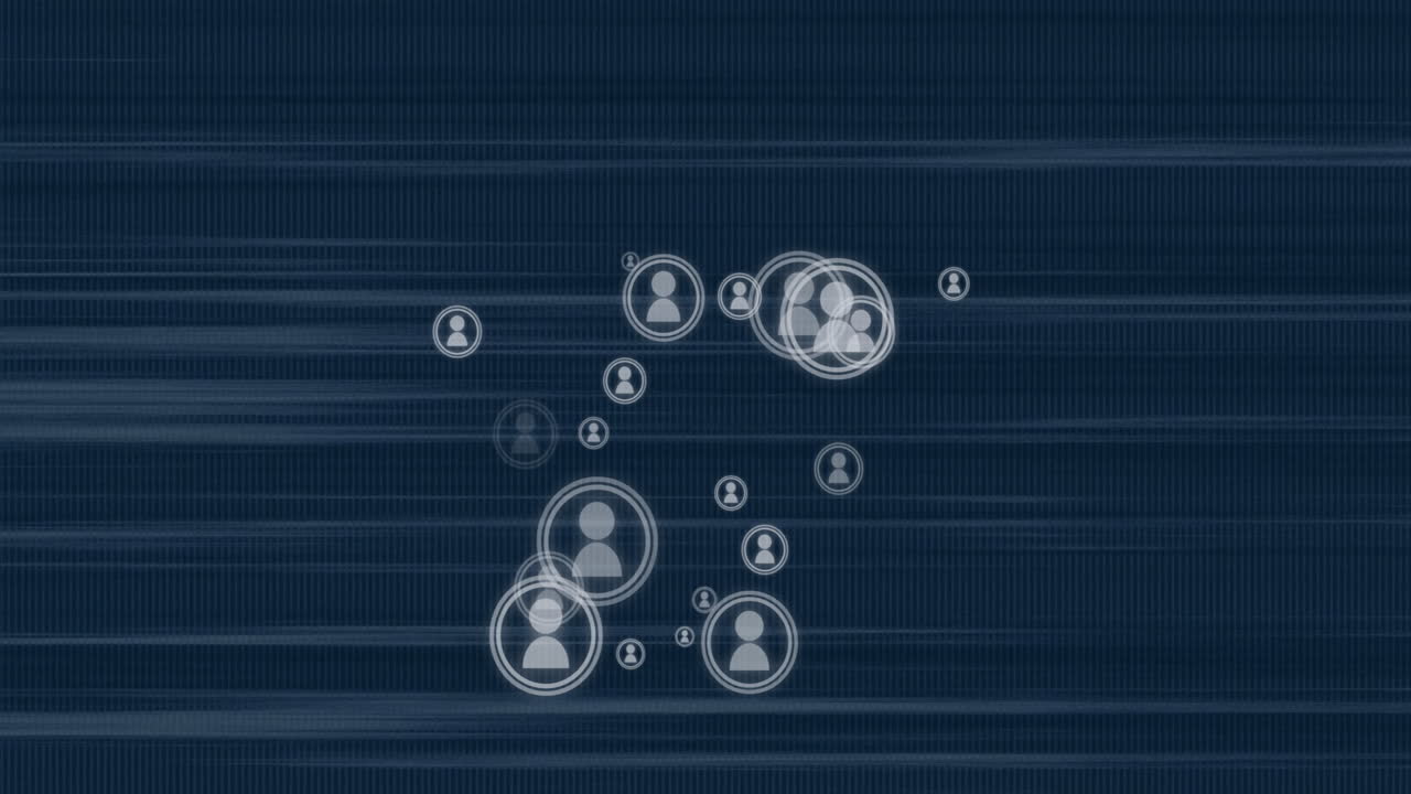 Animation of connected user icons on digital blue background with lines