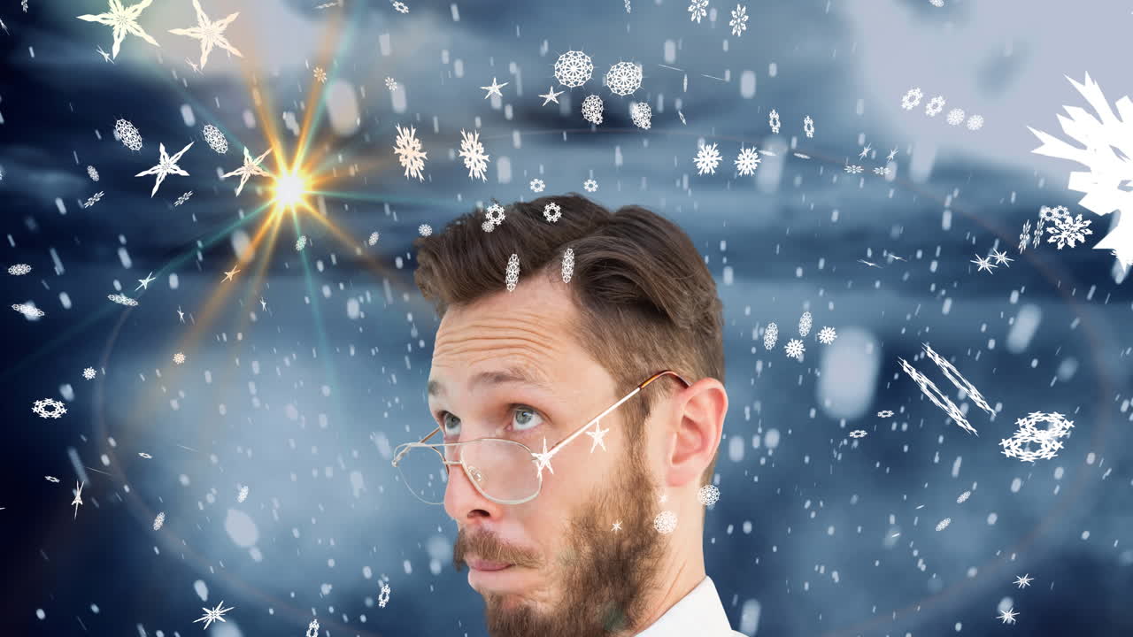 겨울 풍경 위에 백인 남성 괴짜의 애니메이션