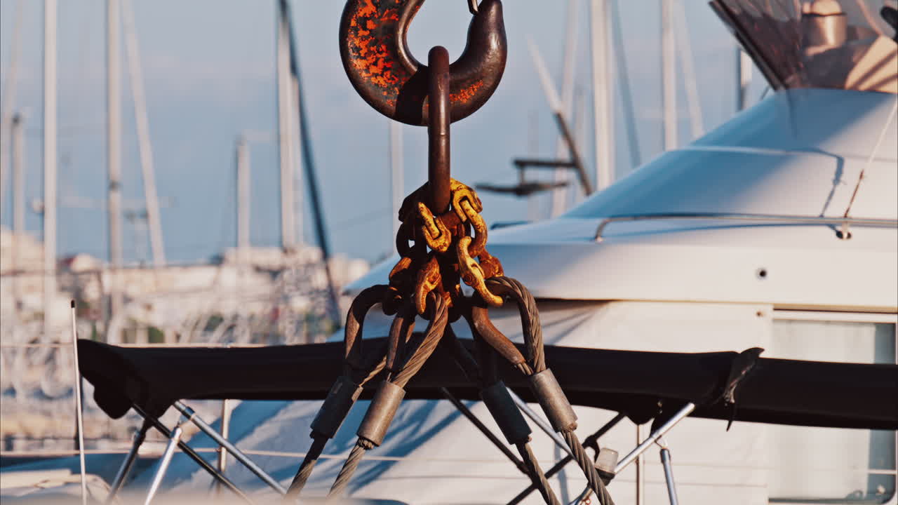 A crane machine moving down near boats docked in a harbour