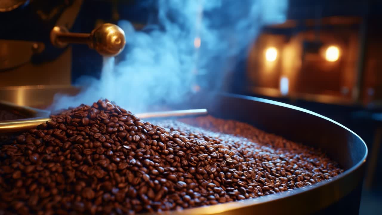 Granos de café aromáticos en una bandeja de tostado, mostrando texturas intensas y un vapor cautivador, destacando el arte de tostar café y la esencia de la perfección en la preparación.