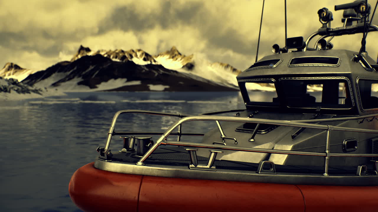 Rescue boat anchored near rugged mountains under cloudy sky at sunset