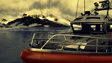 rescue boat anchored near rugged mountains under cloudy sky at sunset
