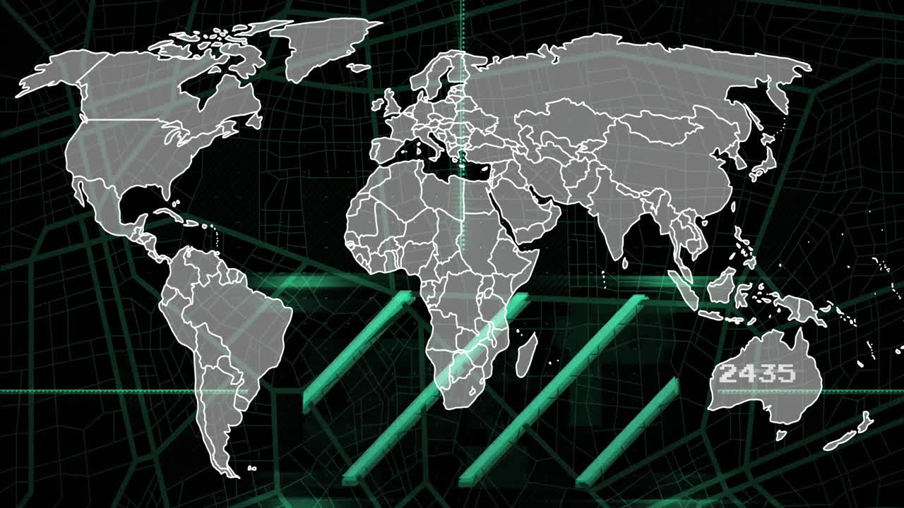 Animation of scientific data processing over world map on dark background