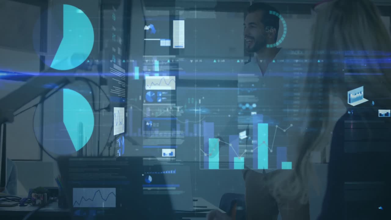 Animation of data processing over diverse business people at office