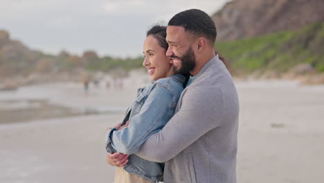 love, hug and happy couple at a beach for travel