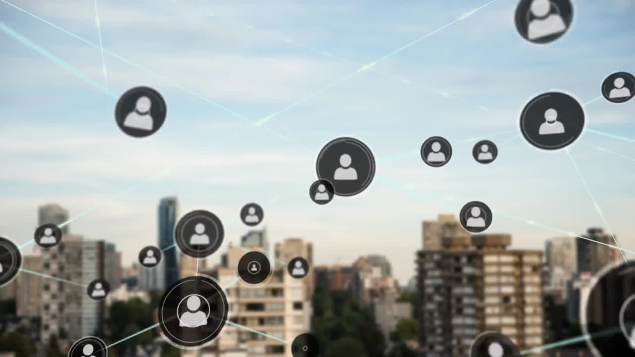 Animazione di una rete di connessioni con icone di persone su un paesaggio urbano.