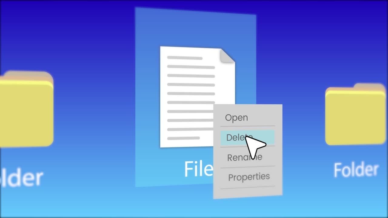 Animation de suppression de fichier sur le bureau par clic de souris, isolée sur fond bleu.
