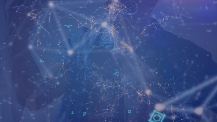 Animation of network of connections with icons over caucasian men using smartphone