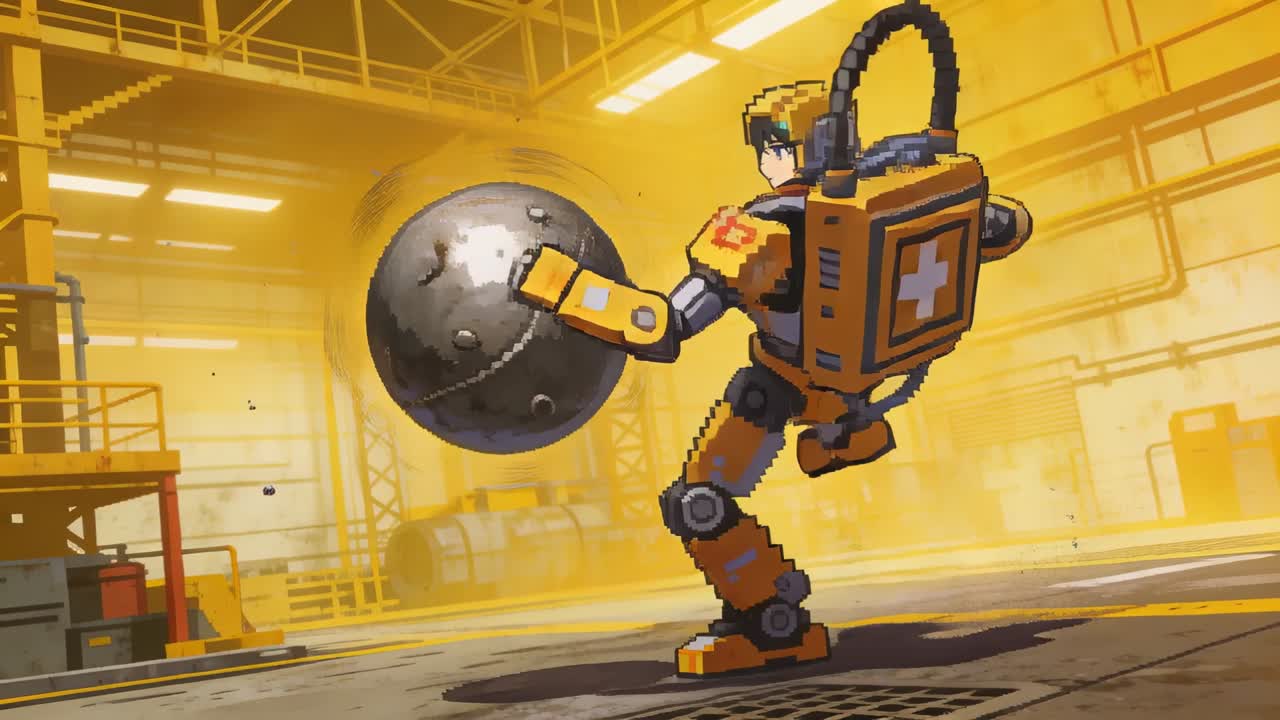 Mech arancione che calcia, con pilota visibile e kit medico, che colpisce una sfera sospesa all'interno di un hangar.