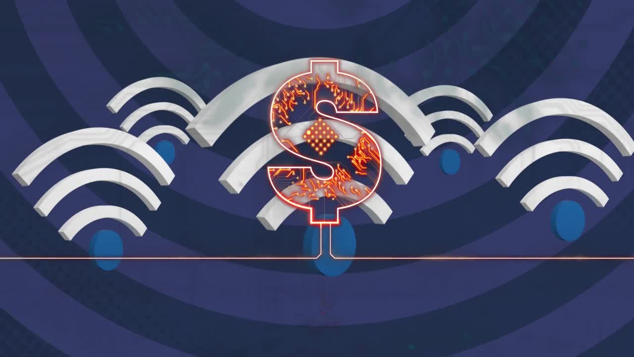 animación de iconos wifi y símbolo de dólar sobre círculos