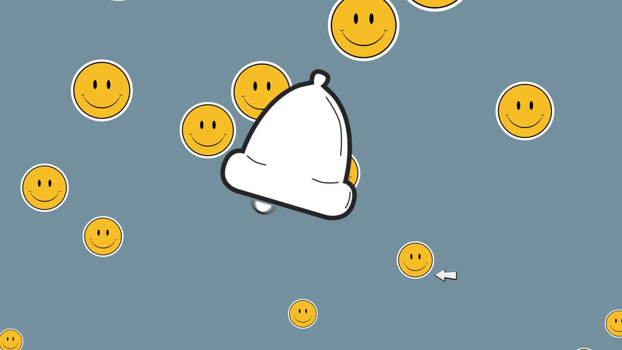 파란색 배경에 미소 짓는 이모티콘과 함께 종 아이콘을 가리키는 화살표의 애니메이션