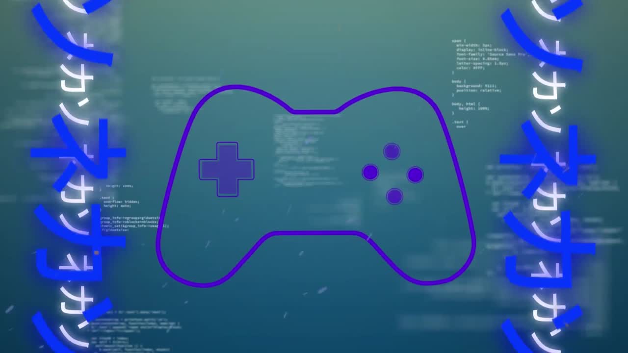 Animation of gaming console over japanese language against computer language on blue background