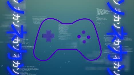 Animation-of-gaming-console-over-japanese-language-against-computer-language-on-blue-background