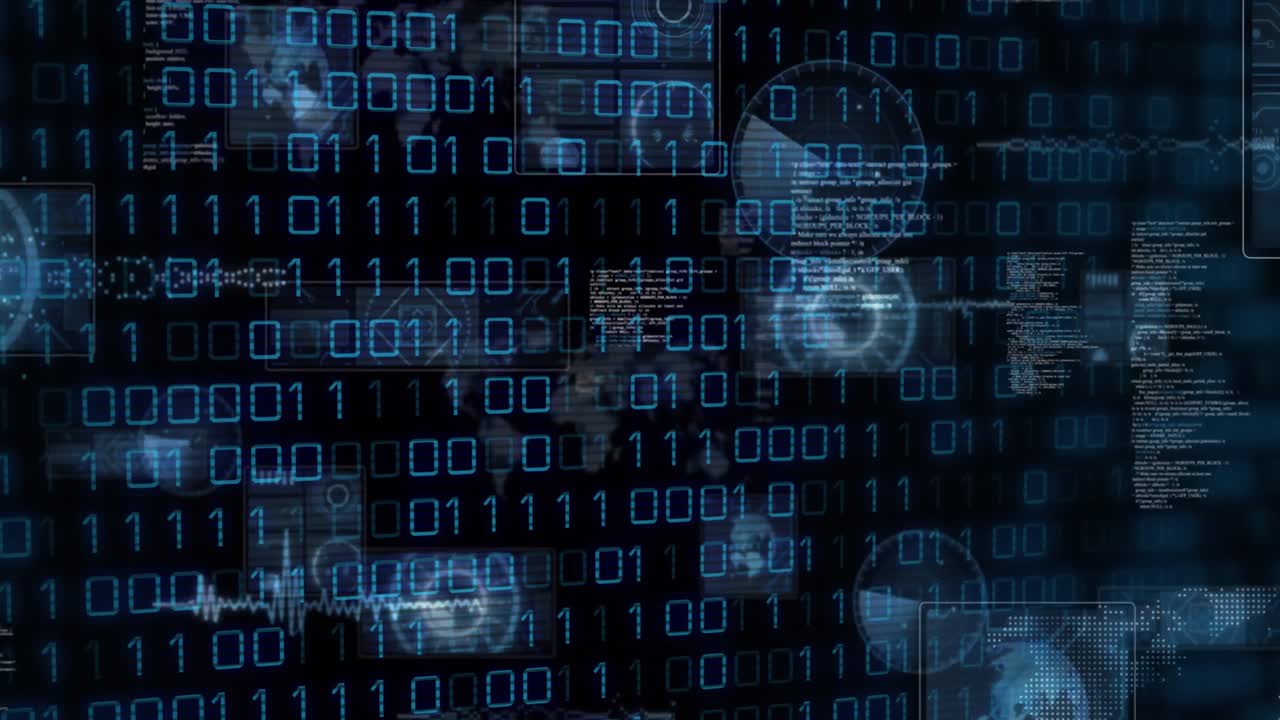 Animation of binary codes, radars, maps, globes and computer language over black background