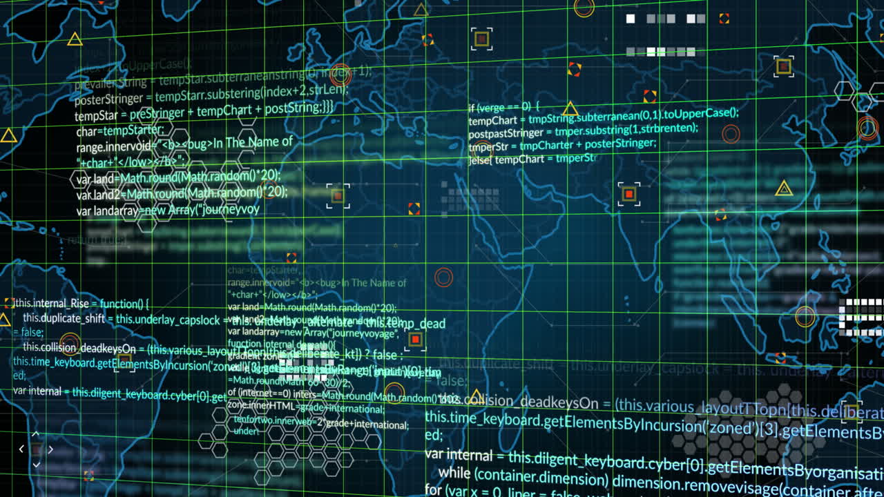 animação do processamento de dados e marcadores sobre o mapa do mundo