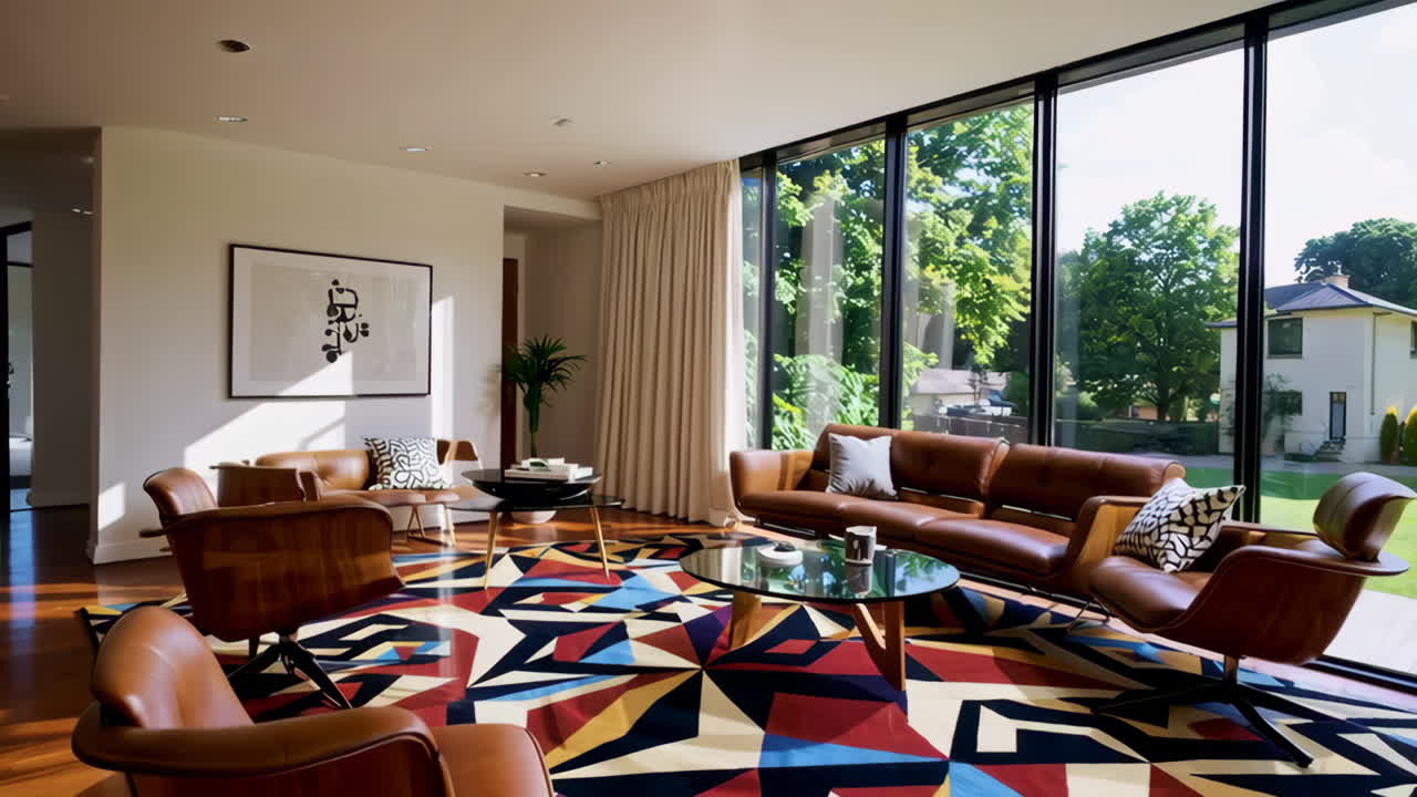 Modern Living Room with Expansive Windows and Colorful Geometric Rug