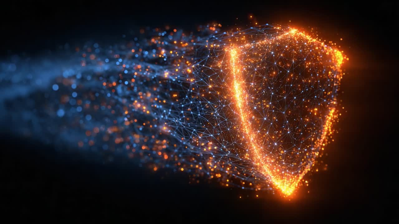 A glowing digital shield crafted from vibrant particles, seamlessly transitioning in motion, symbolizes protection and security in a virtual landscape of light and energy
