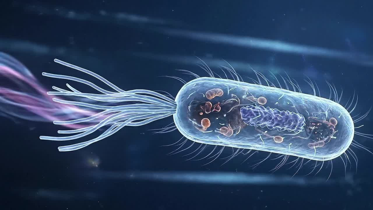 Organismo batterico che nuota con flagelli attraverso un ambiente fluido, rappresentando la microbiologia e il movimento cellulare.