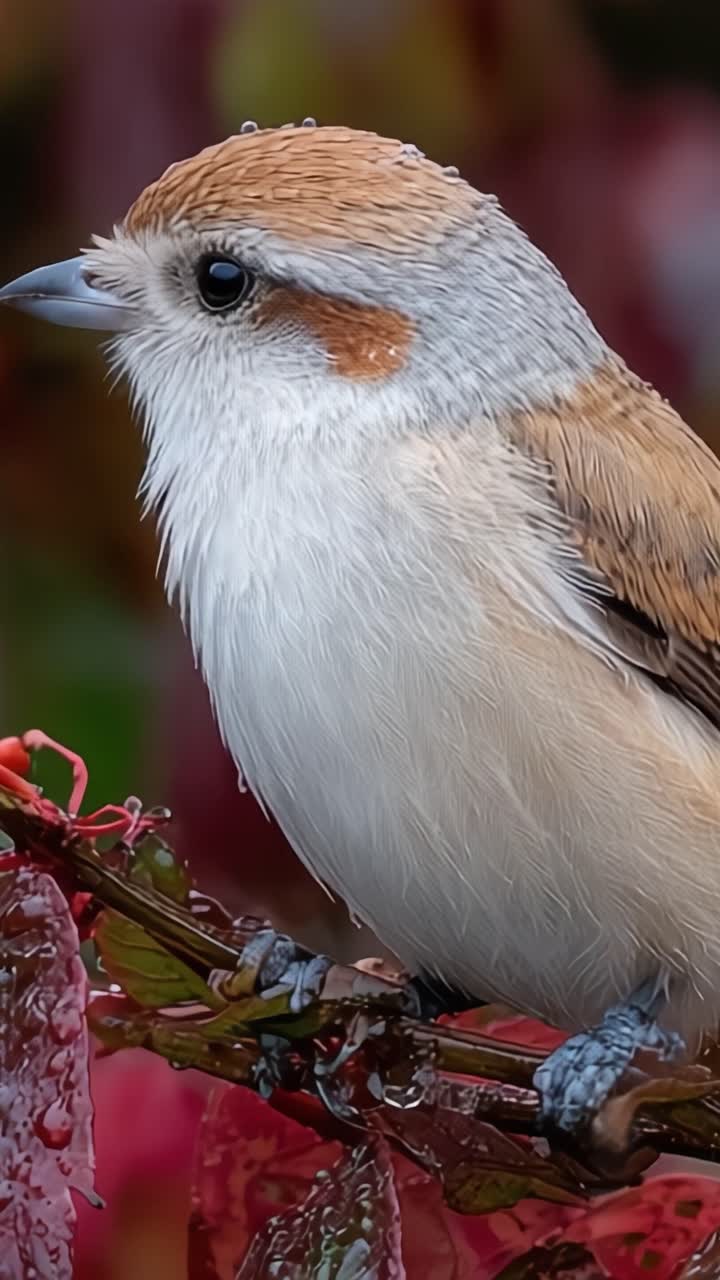 Un primo piano di un bellissimo uccello posato su vivaci foglie rosse bagnate dalla pioggia, che mostra piume mozzafiato e tratti marcati in un ambiente naturale.