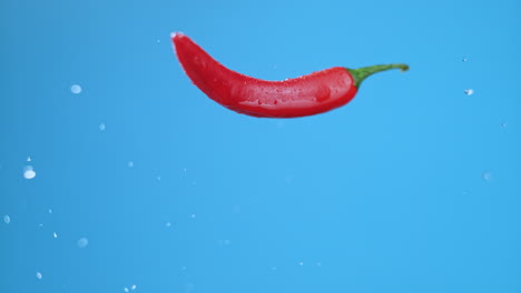 water splatter and single red chili bell pepper jumping in shot, rotating mid-air