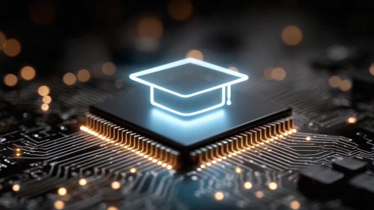 En kreativ fusion af teknologi og uddannelse: En studenterhue oven på en printpladechip, der symboliserer fremtidens læring og innovation