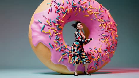 woman posing with giant donut