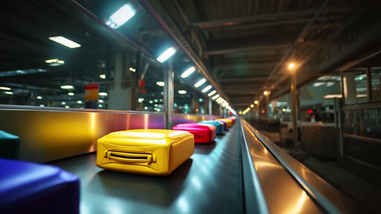 A Vivid Display of Colorful Suitcases Moving Along an Airport Conveyor Belt, Showcasing the Efficiency and Organization of Baggage Handling in a Modern Transportation Hub Environment