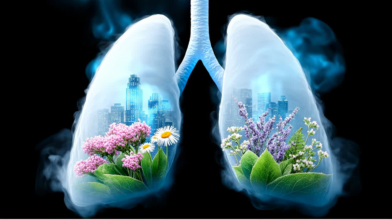 Lungs adorned with cityscape and flowers. A visual of lungs filled with colorful flowers and a city skyline, symbolizing nature and urban life coexisting