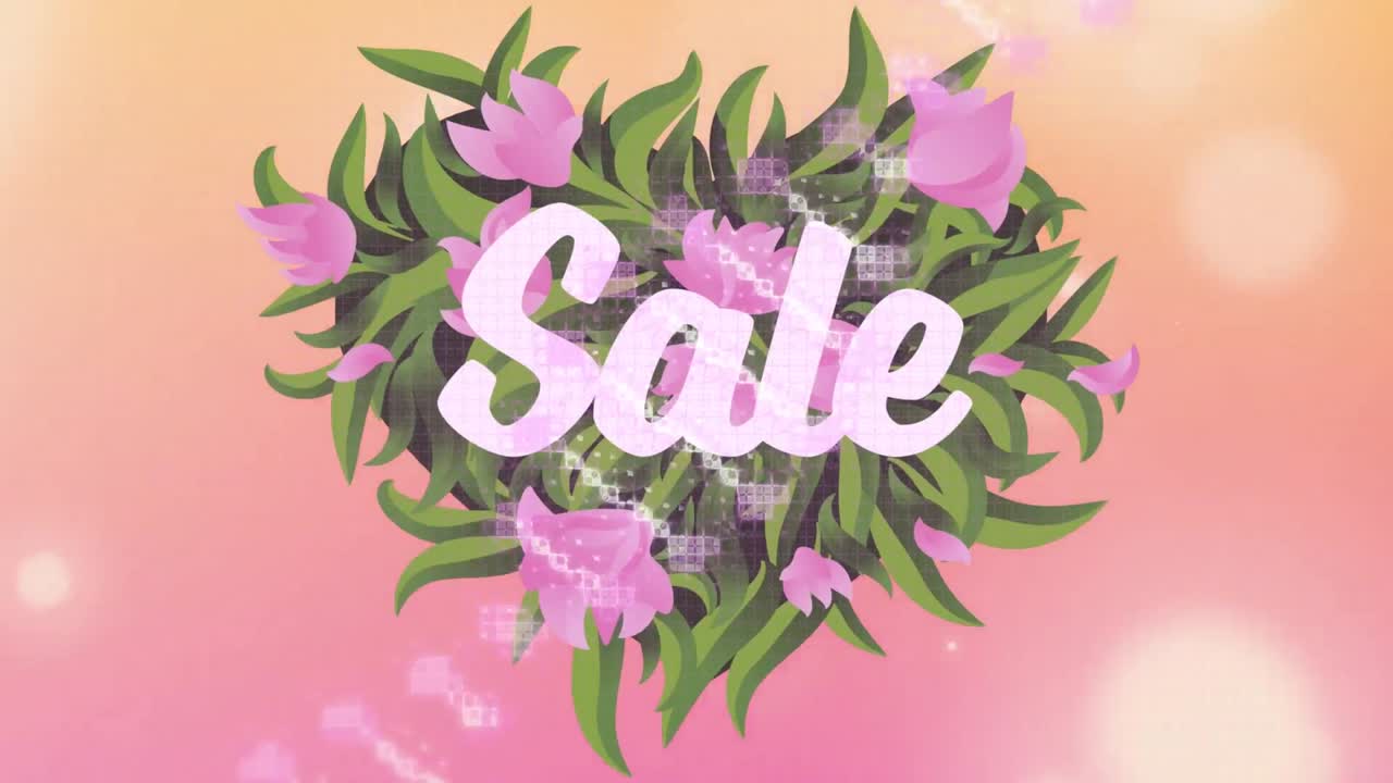 Animation de texte de vente et de brin d'ADN sur fond rose