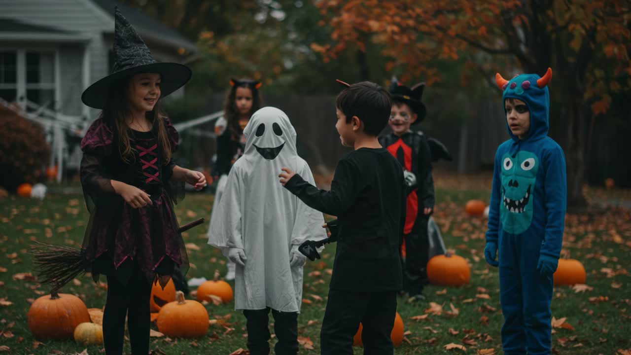 A Spooky Gathering of Young Trick-or-Treaters in Halloween Costumes, Surrounded by Pumpkins and Autumn Leaves, Celebrating the Spirit of Halloween Festivities