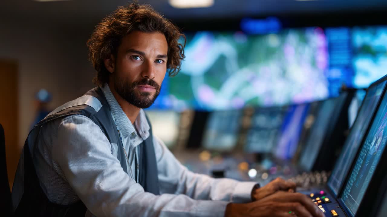 Focused Operator Analyzing Data in Control Room with Advanced Technology Displays for Real-time Monitoring and Decision Making Processes in Action