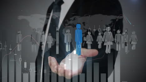 animación de un hombre de negocios con iconos de personas y procesamiento de datos