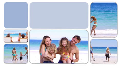 familias felices pasando tiempo en la playa y en un parque