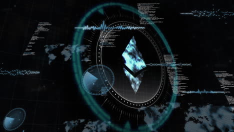 animación del procesamiento de datos sobre el símbolo de criptomoneda