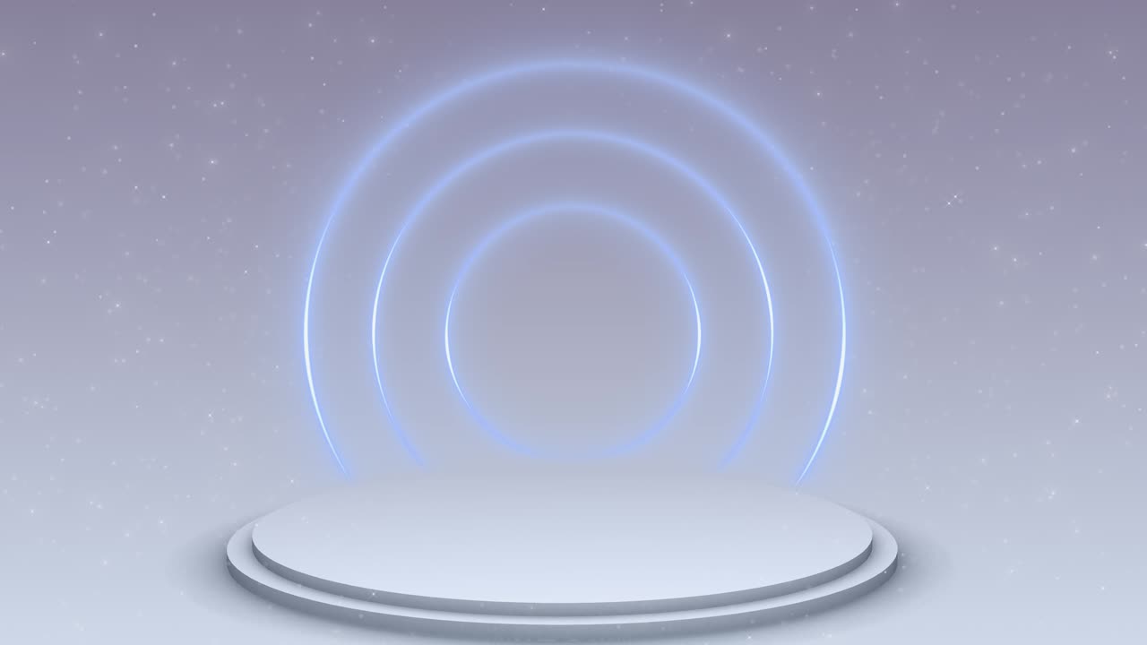 Minimalist 3d scene showing glowing circular platform surrounded by soft floating rings for product