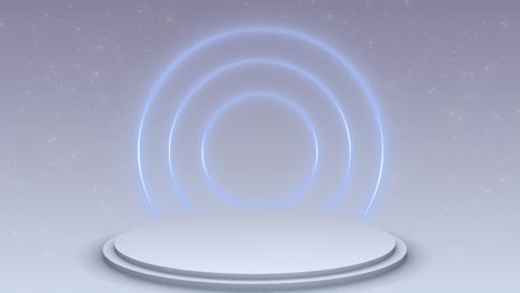 minimalist 3d scene showing glowing circular platform surrounded by soft floating rings for product
