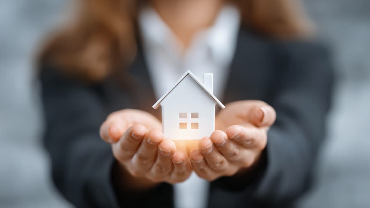 Una persona in abbigliamento professionale presenta una piccola casa modello, simboleggiando l'investimento immobiliare, la proprietà della casa e il percorso verso l'acquisizione di una residenza da sogno